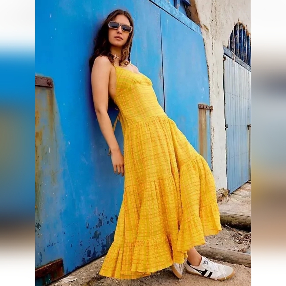 New Free People Marigold Check Print Maxi Dress